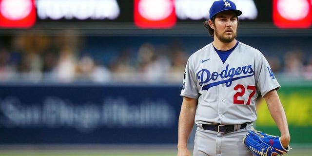 Trevor Bauer #27 of the Los Angeles Dodgers pauses between pitches during the game between the Los Angeles Dodgers and the San Diego Padres at Petco Park on Wednesday, June 23, 2021 in San Diego, California.