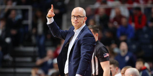 Head coach Dan Hurley of the Connecticut Huskies gestures during St. Mary's Gaels game, during the second round of the NCAA Men's Basketball Tournament, at MVP Arena on March 19, 2023, in Albany, New York.