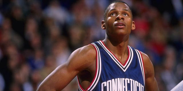 Guard Ray Allen #34 of the Connecticut Huskies pauses on the court during a break in the action against the Georgetown Hoyas in this Big East match-up at the USAir Arena in Washington, D.C. Georgetown defeated UConn 77-65.