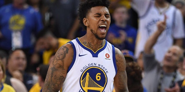 Golden State Warriors guard Nick Young reacts during the Western Conference finals against the Houston Rockets at Oracle Arena in Oakland, California, on May 26, 2018.