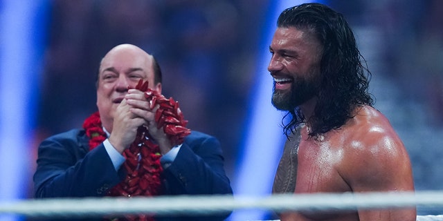 Roman Reigns looks on during the WWE and Universal Championship match during the WWE Royal Rumble event at the Alamodome on Jan. 28, 2023 in San Antonio.