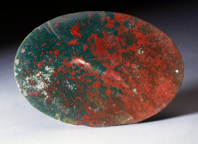 Polished Heliotrope or Bloodstone, variety of Chalcedony, oxide, from India.