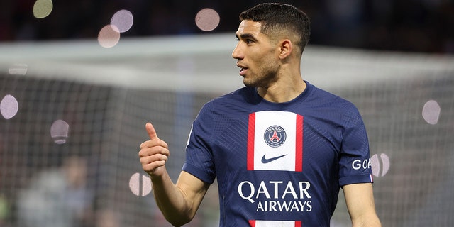 Achraf Hakimi of PSG during the Ligue 1 match between Paris Saint-Germain (PSG and RC Lens (RCL) at Parc des Princes stadium on April 15, 2023 in Paris, France.